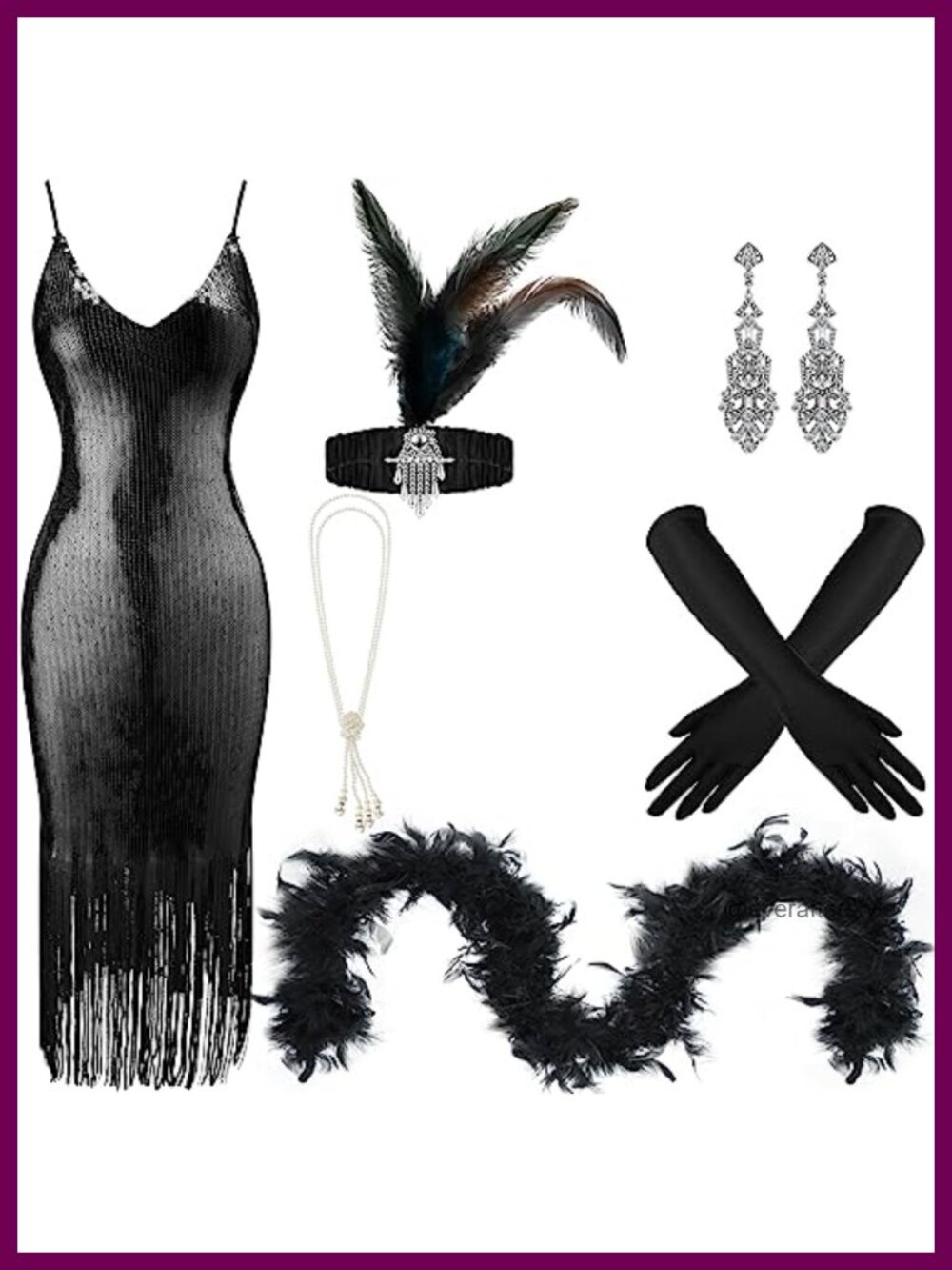 7 Pc 1920s Flapper Dress Sequin Costume Set with Headwear Earrings Necklace